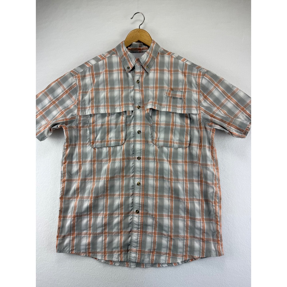 L.L. Bean Fishing Shirt Mens‎ Medium Grey Orange Plaid Short Sleeve Ventilated